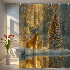 Winter Wonderland Shower Curtain with Dogs and Christmas Tree