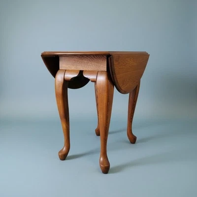 Solid Oak Drop Leaf Accent Side Coffee Table Queen Anne Legs 24" T Round Folding - image 1 of 4