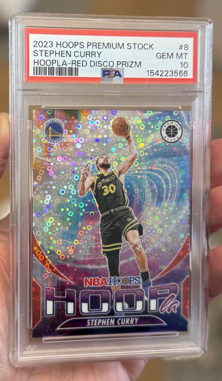 2023 Hoops Premium Stock Stephen Curry Hoopla Red Disco Prizm /99 PSA 10 💎Pop 3