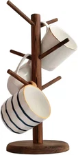 Mug Holder Tree with 6 Hooks, Wood Mug Rack for Counter Organizer (Brown)