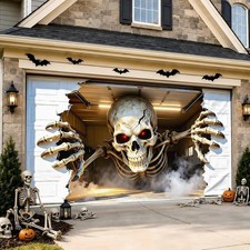 16x7FT Halloween Garage Door Cover Realistic Garage Scene Outdoor Banner Decor