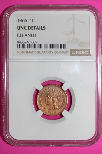 1866 Indian Head Cent Penny UNC Details NGC Cleaned Certified Authentic Slab 903