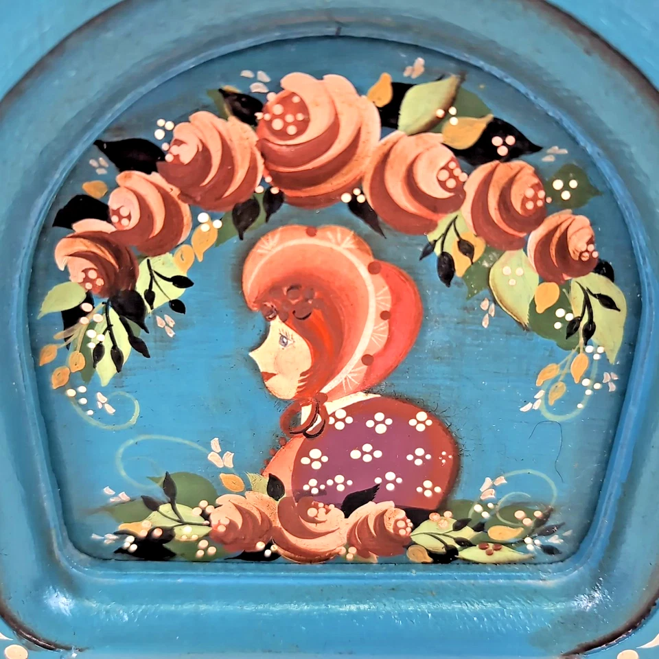 Espejo arte popular escandinavo noruego roselado 13" azul floral pintado a mano Foto 4 de 4