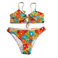 Retro Floral Bikini Set Size S Multicolor Tie Front Top Low Rise Bottom