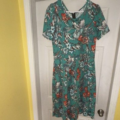 LuLaRoe XL Teal Floral A-Line Dress Scoop Neck Short Sleeve Knee Length Zipper