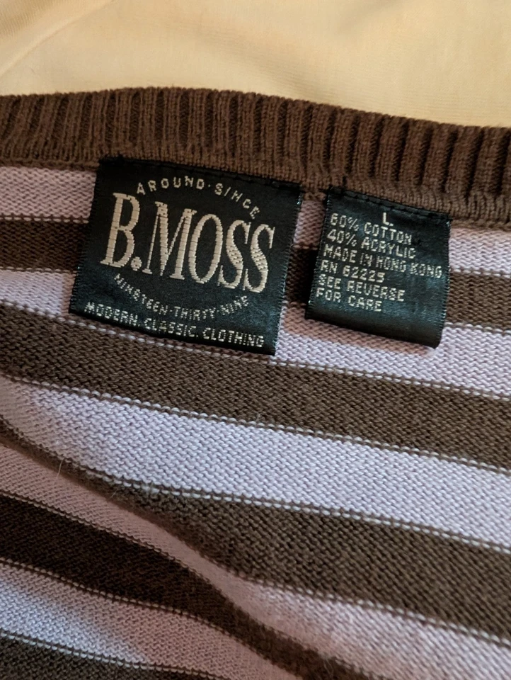 Vintage 90s Acedemia Sweater L Stiped Brown & Pink Preppy Lightweight B Moss Y2K - Image 4 of 4
