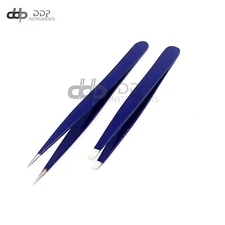 Slant & Pointed Tweezers Set Eyebrow Ingrown Facial & Nose Hair (Blue) Color