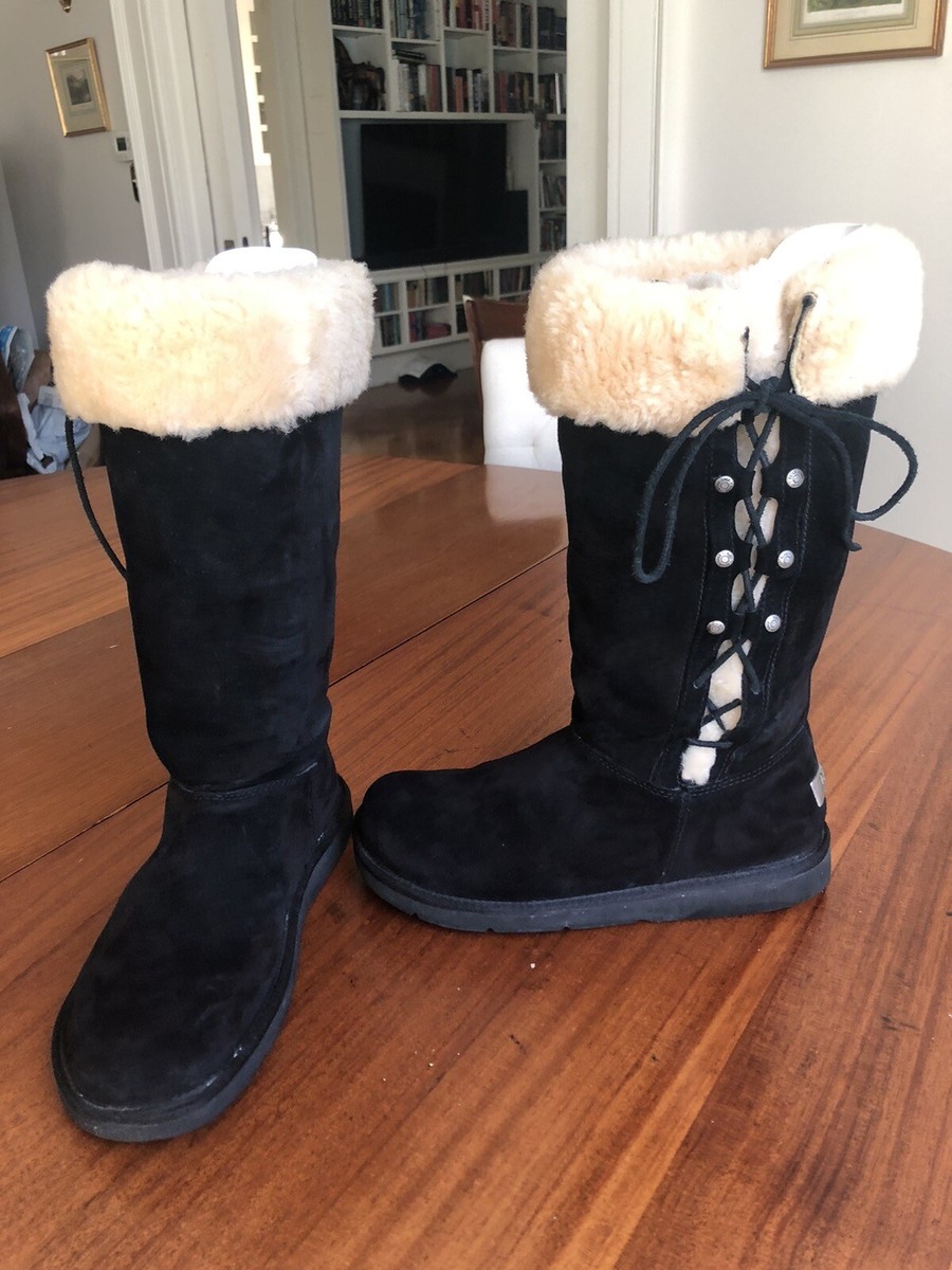 UGG Upside Lace Up Suede Wool Shearling Boot Mid-Calf Black 