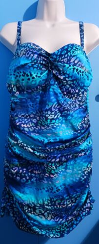 Swimsuits For All PLUS SIZE 18 Leopard Blue Ruched One Piece Swim Dress NWT