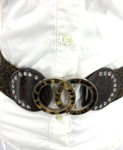 Vintage Y2K Leopard Elastic Double Circle Buckle Waist Belt New Wave Sz S/M - Picture 3 of 5