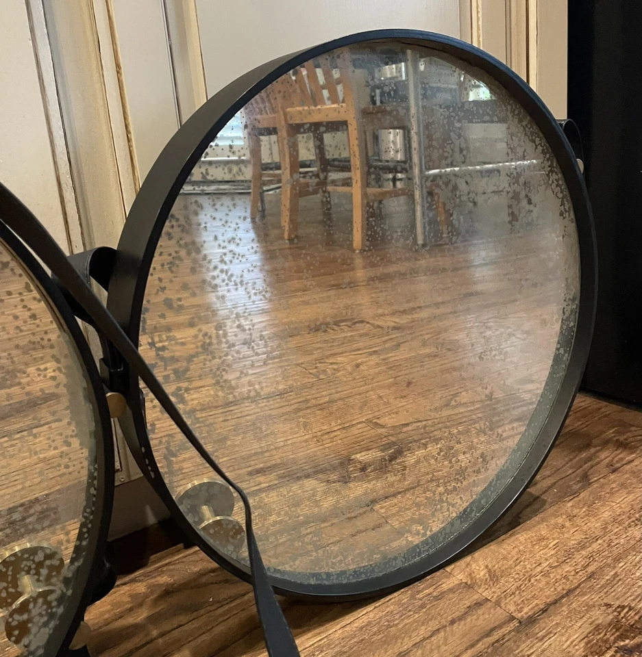 Expedition Round Hanging Wall Mirror Strap Brass Hanging Rods Speckled Lot 2 - Image 3 of 4