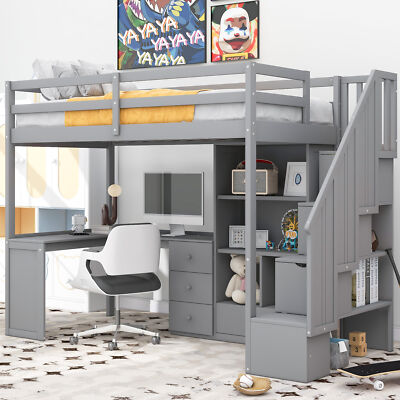 Twin Size Loft Bed Frame W/L-Shaped Desk/Drawers/Cabinet/Storage Staircase Gray