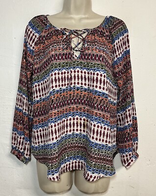 Lush XS Blouse Maroon Blue Long Sleeve Criss Cross Neck Boho Top