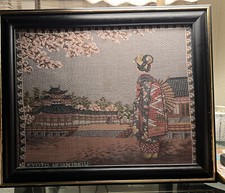 Antique Needlepoint KYOTO JAPANESE GEISHA VINTAGE SILK wall Art ORIGINAL