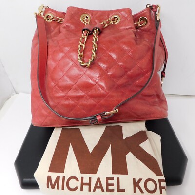 Michael Kors Frankie Red Leather Quilted Drawstring Shoulder Bag