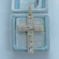 3Ct Baguette Cut Real Moissanite Cross Pendant 925 Sterling Silver Free Chain