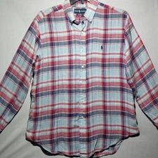 Ralph Lauren 100% Linen red green blue plaid long sleeve button-down shirt large