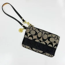 Coach 40028 Signature Logo Jacquard Corner Zip Wristlet Pouch Tan Black
