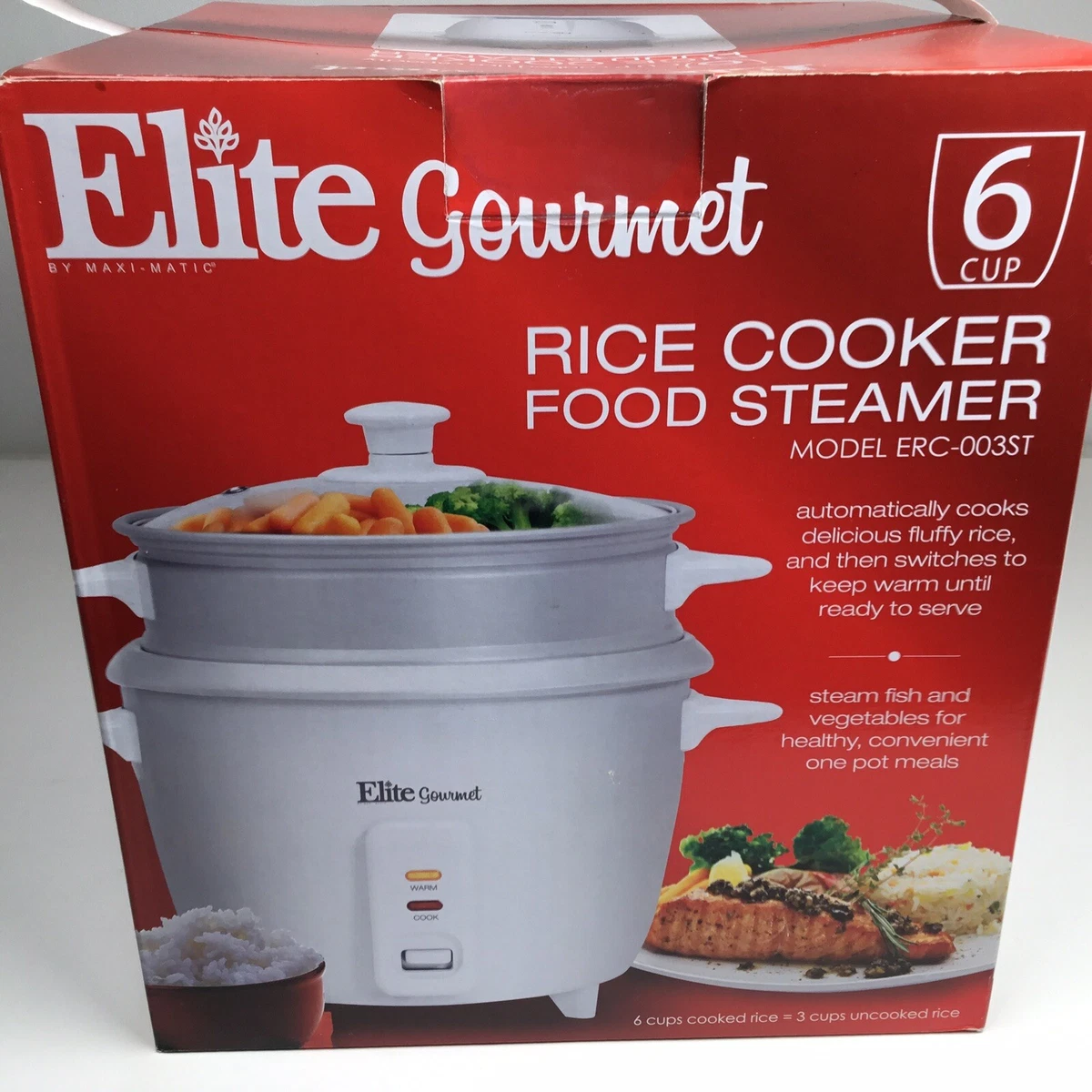 Elite Cuisine 6-Cup Rice Cooker with Glass Lid ERC-003