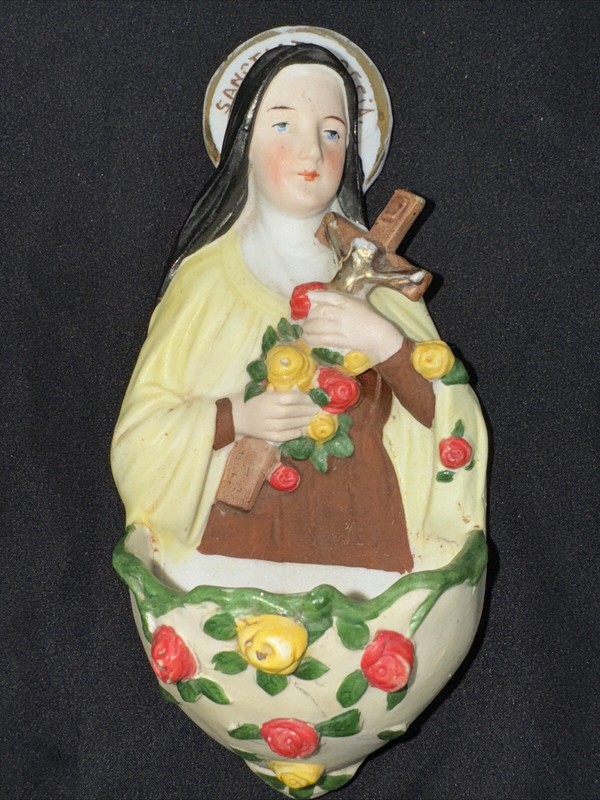 Antique  Sancta Theresia German Holy Water Font Porcelain Vessel Wall-Art #TB33