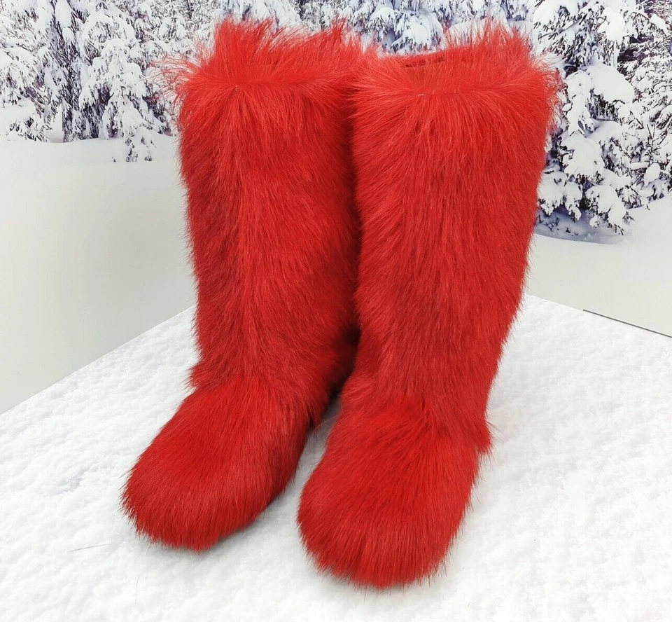 Botas de invierno de piel de cabra roja para mujer, botas de nieve, moutons, botas peludas para mujer Foto 2 de 4