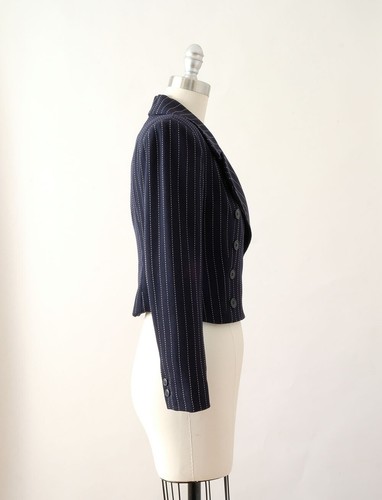 Vintage Norma Kamali 1990's Navy Double Breasted Pinstripe Cropped Blazer Jacket - Picture 7 of 15