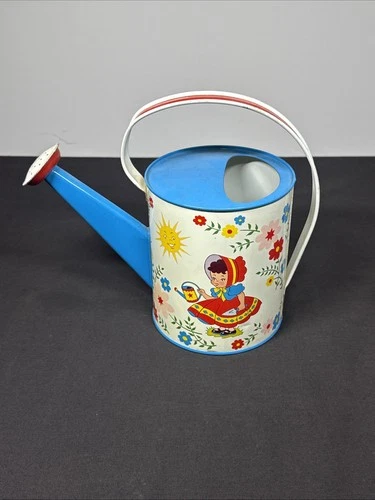 Vintage Ohio Art Tin Litho Watering Can Boy Girl Watering Flowers Sprinkler