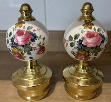 Vintage Porcelain & Brass Antique Floral Bed Post Handles Lot of 2 Pink Flowers