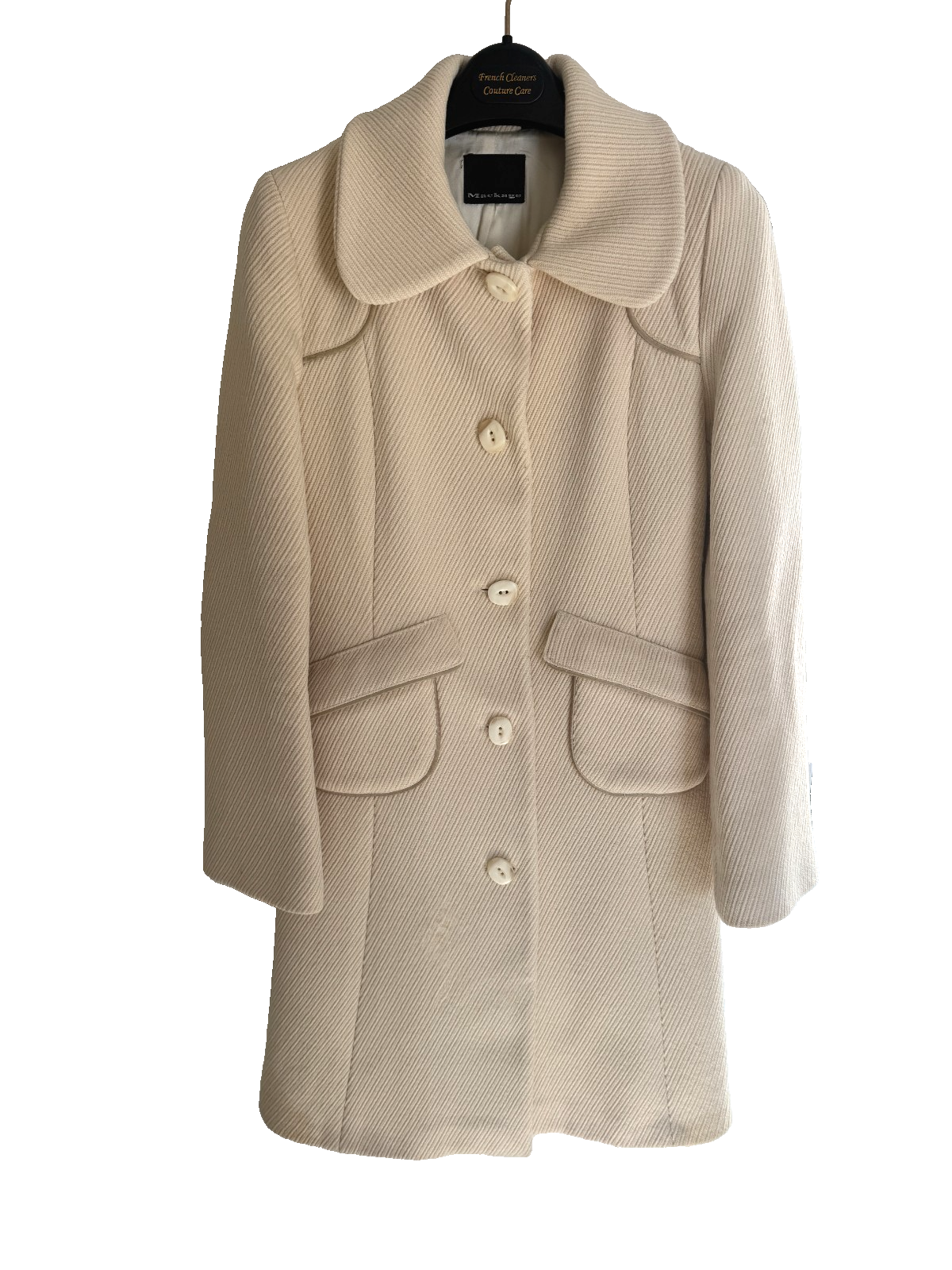 Mackage Ivory Wool Coat XS Leather Trim Designer Jacket Minimalist Quiet Luxury