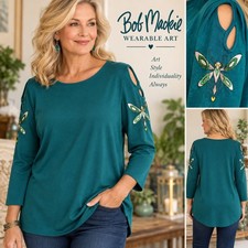 Bob Mackie Womens L Teal Dragonfly Embellished Cutout Sleeve Wearable Art Top
