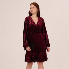 NWT$150 Adrianna Papell Velvet Burnout Faux Wrap Dress Long Sleeve Burgundy Sz12