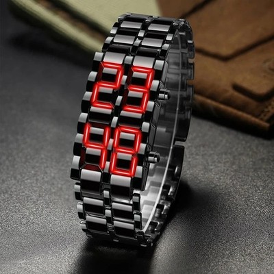 Mode Herren Digital Lava Armbanduhr Männer schwarz Vollmetall rot blau LED-Anzeige