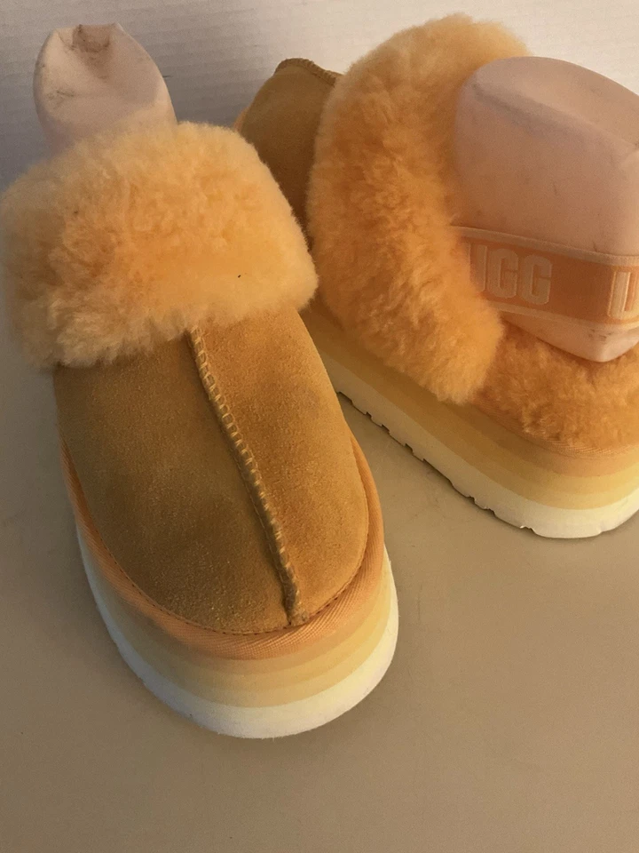 Ugg Women Orange Suede Sheepskin Platform Funkette Slippers Size 10 Euro 41 - Image 2 of 4