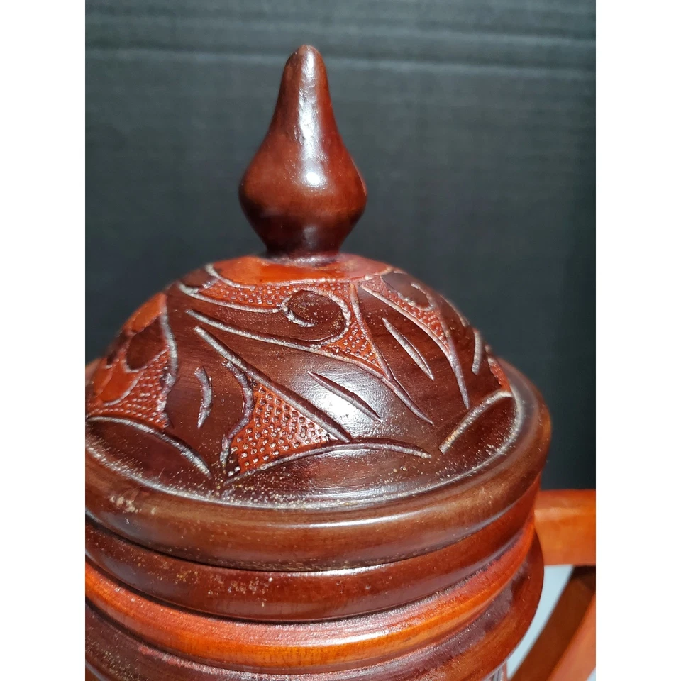 Tetera de madera tallada a mano con tapa diseño floral rústico pieza de acento decorativo Foto 4 de 4