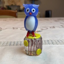VTG Mini Blue Glass Owl Figurine Standing On Glass Base