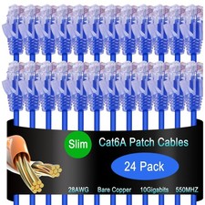 Cat6a Slim Ethernet Patch Cable 0.5FT 24 PCS Data Centers 10G Network Blue