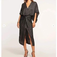 Ramy Brook Allyson Dress Black White Striped Knotted V-Neck 70s Sz 10