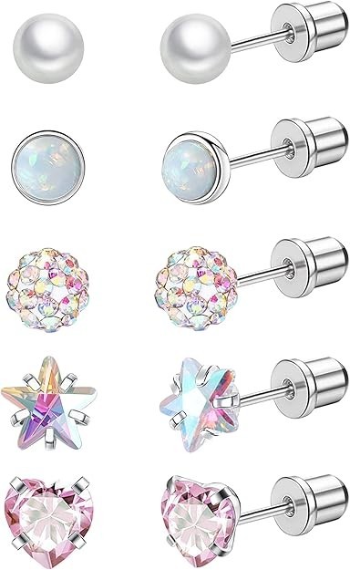 5 Pairs Titanium Earrings for Sensitive Ears Hypoallergenic Screw Back Earrings