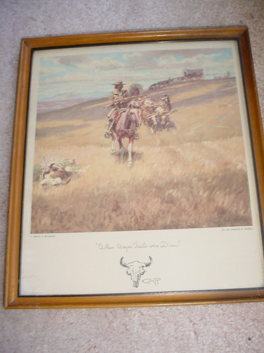 1949 CHARLES RUSSELL PRINT WHEN WAGON TRAILS WERE DIM FRAMED KALISPELL MT