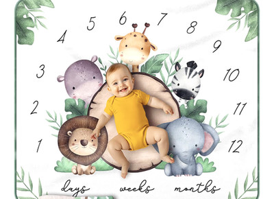 Baby Milestone Blanket 40x50 Safari Animal Growth Tracker w/ 2 Date Markers Whit