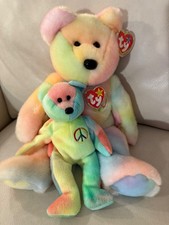 Matching Set of TY Tie-Dye Beanie Buddy & Beanie Baby Peace the Bear