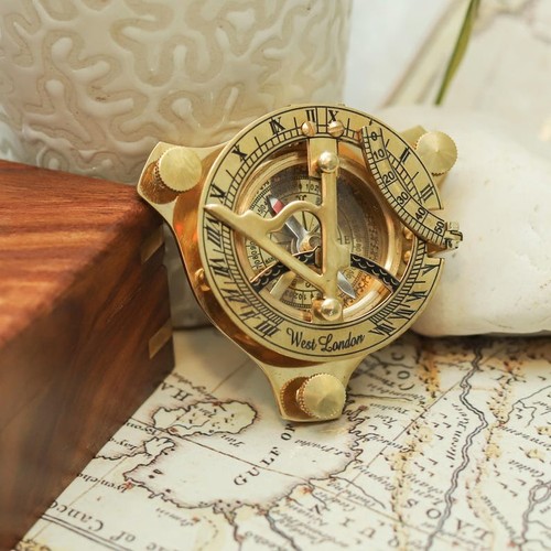 Brass Sundial Compass with Wooden Box Vintage Style Engraved Antique Nautical - 第 6/8 張圖片