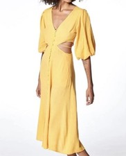 YFB Dress High Tea Linen Yellow/ Orange Cut Out Midi 3/4 Puff Sleeves Size S