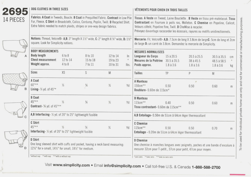 Simplicity 2695 Hundekleidung Schnittmuster ungeschnitten Größe XS S M - Bild 2 von 2