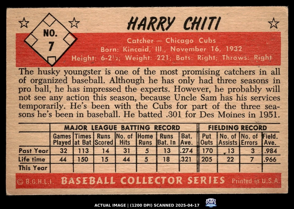 1953 Bowman Color #7 HARRY CHITI Chicago Cubs NM - Image 2 of 2