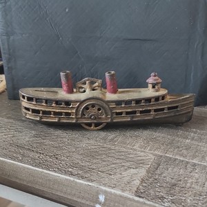 Vintage Diecast Metal Paddle Wheel Boat Ship Model, Gold & Red