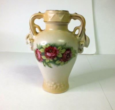 Vintage Austrian Urn Style Vase w/Roses and Gold Gilt