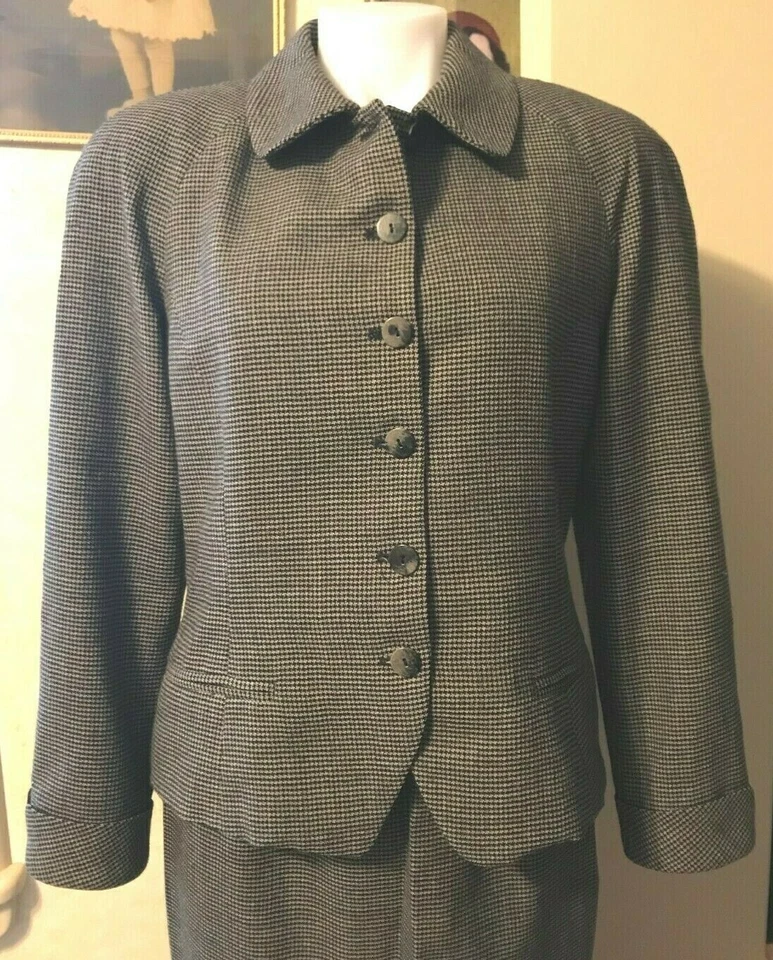 Terno feminino Gianni Sport cinza/preto xadrez lã pura 2 peças ajustado tamanho 8 vintage anos 90 - Imagem 2 de 4