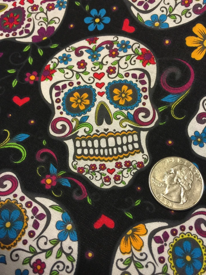 Fabric Day of the Dead Skulls and Zombies on Black Cotton 1/4 yard DTEXTILES - Image 4 of 4