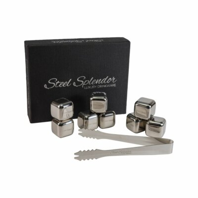Stainless Steel Whiskey Rocks Stones Set of 8 with Tongs, Reusable Ice Cubes